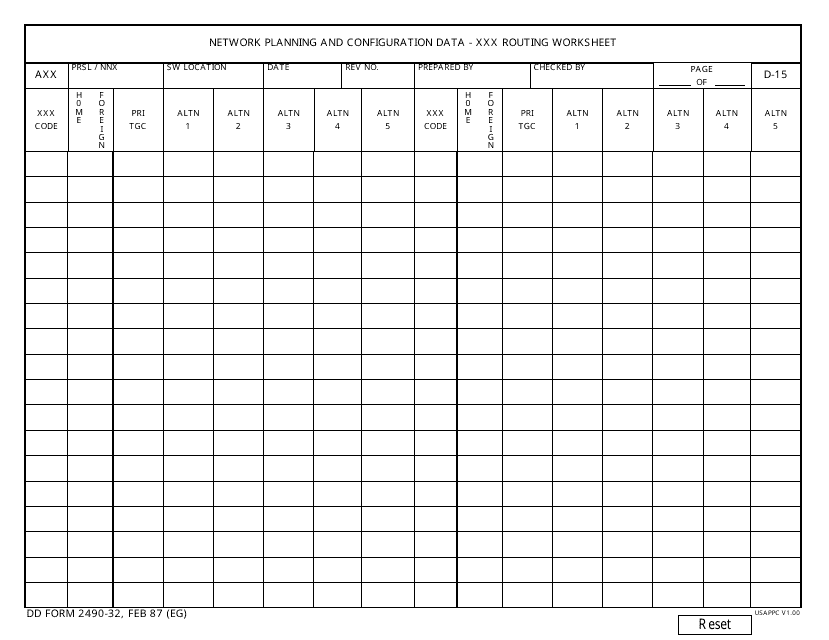 DD Form 2490-32 Network Planning and Configuration Data - Xxx Routing Worksheet