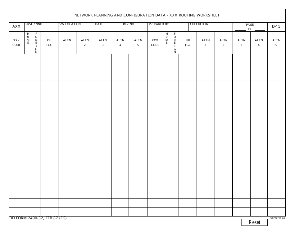 DD Form 2490-32 Network Planning and Configuration Data - Xxx Routing Worksheet, Page 1