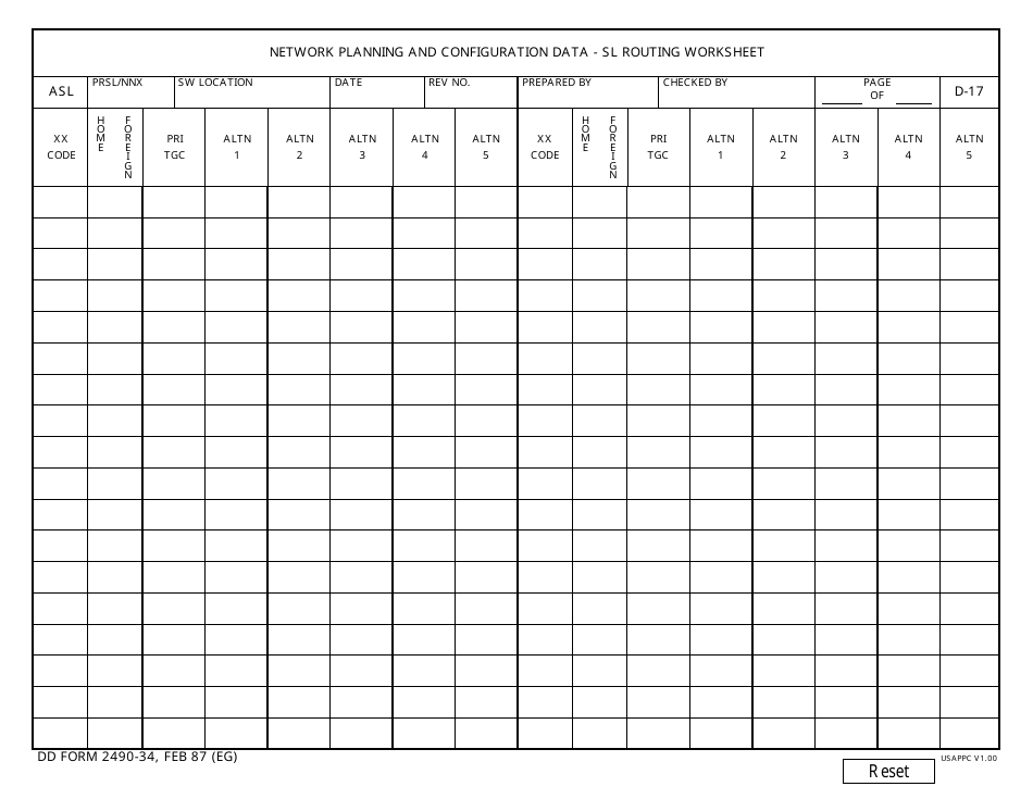 DD Form 2490-34 Network Planning and Configuration Data - Sl Routing Worksheet, Page 1