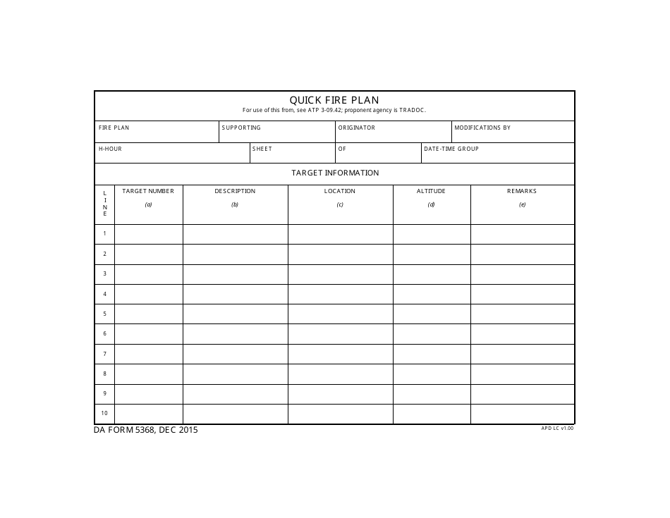 DA Form 5368 Quick Fire Plan, Page 1