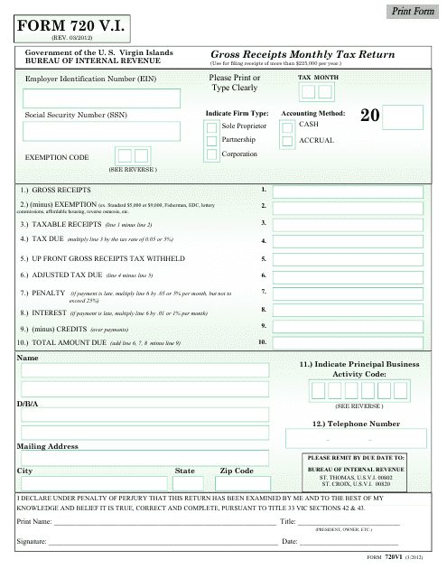 Form 720VI Gross Receipts Monthly Tax Return - Virgin Islands