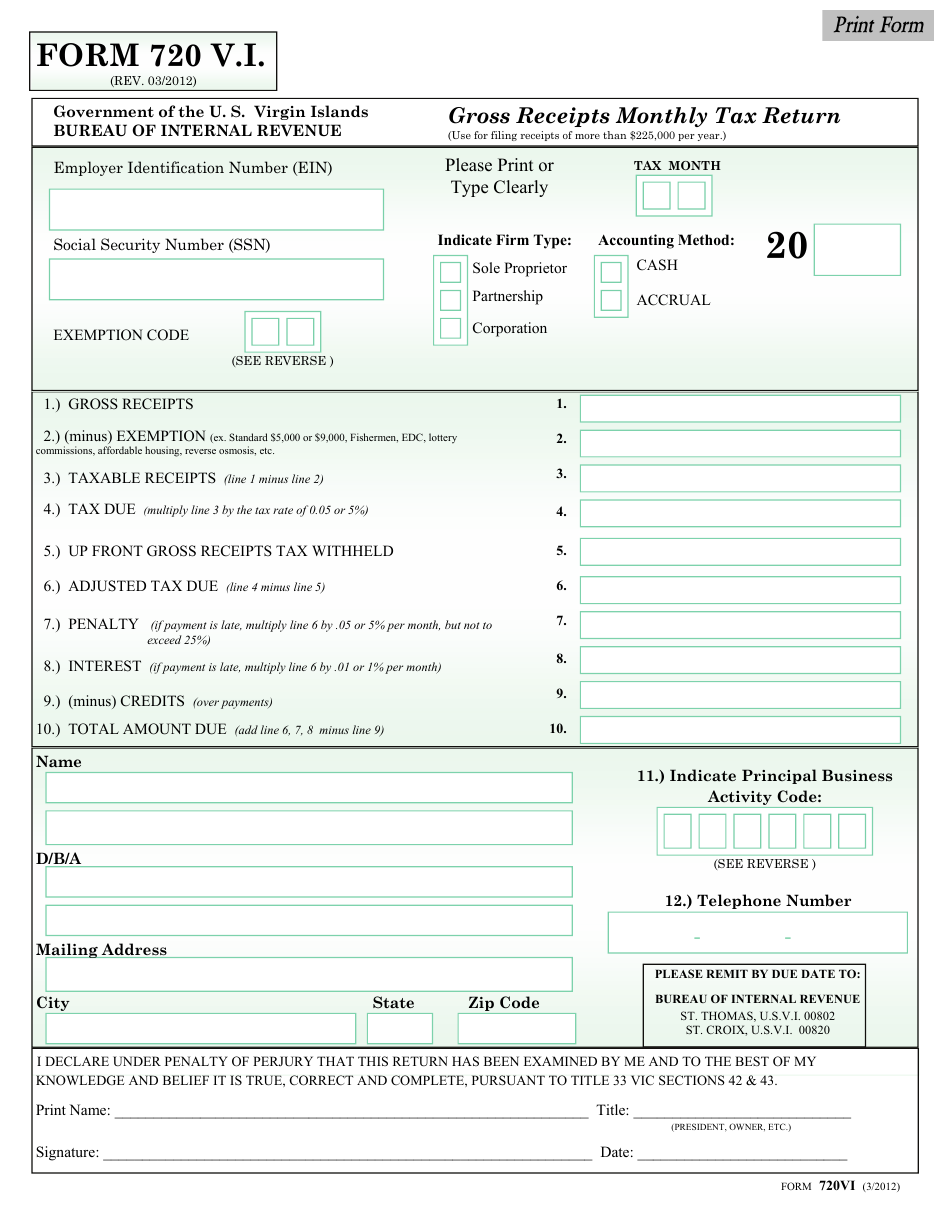 Form 720VI Gross Receipts Monthly Tax Return - Virgin Islands, Page 1
