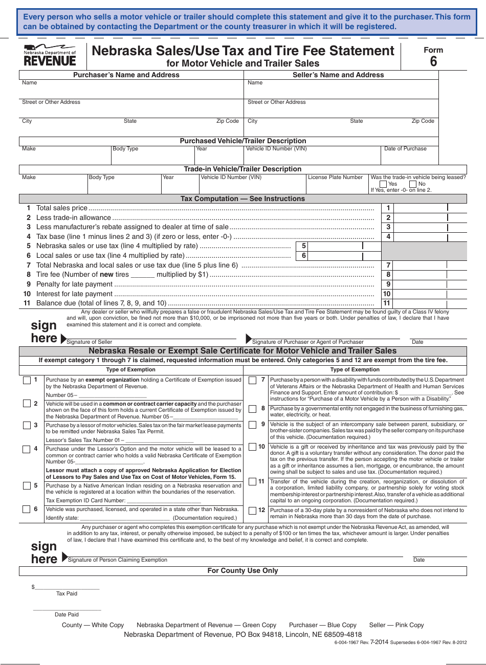 Form 6 Nebraska Sales / Use Tax and Tire Fee Statement for Motor Vehicle and Trailer Sales - Nebraska, Page 1