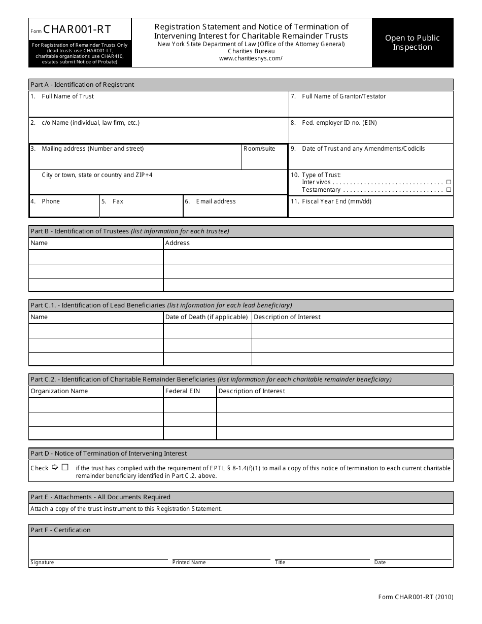 Form CHAR001-RT Registration Statement and Notice of Termination of Intervening Interest for Charitable Remainder Trusts - New York, Page 1