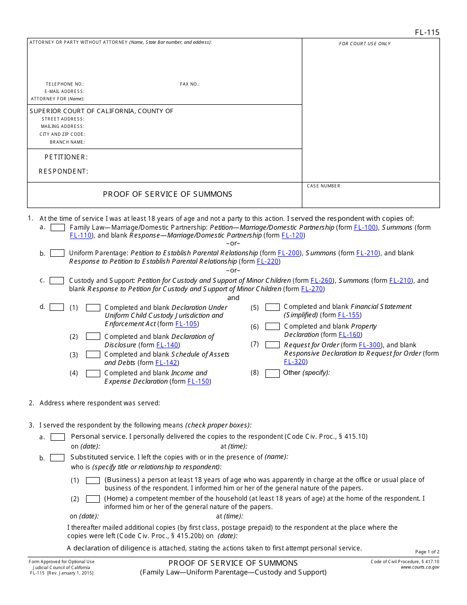 Form FL-115 Proof of Service of Summons - California, Page 1