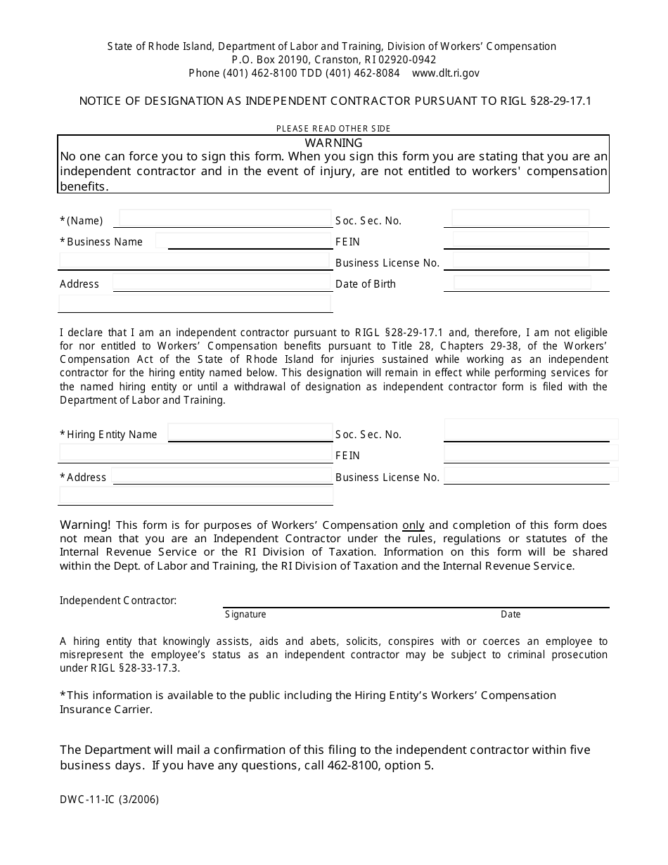 Form DWC-11-IC Notice of Designation as Independent Contractor Pursuant to Rigl 28-29-17.1 - Rhode Island, Page 1