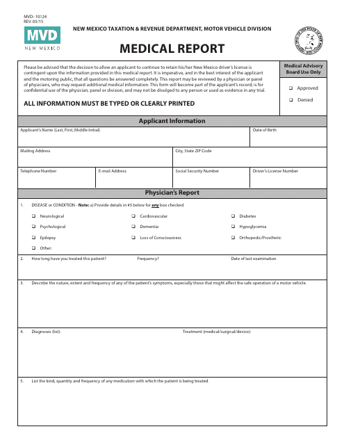 Form MVD-10124 Medical Report - New Mexico
