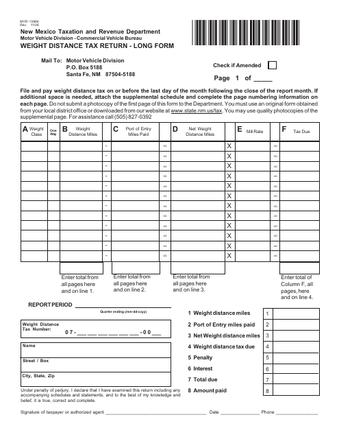 Form MVD-10964 Weight Distance Tax Return Long Form - New Mexico