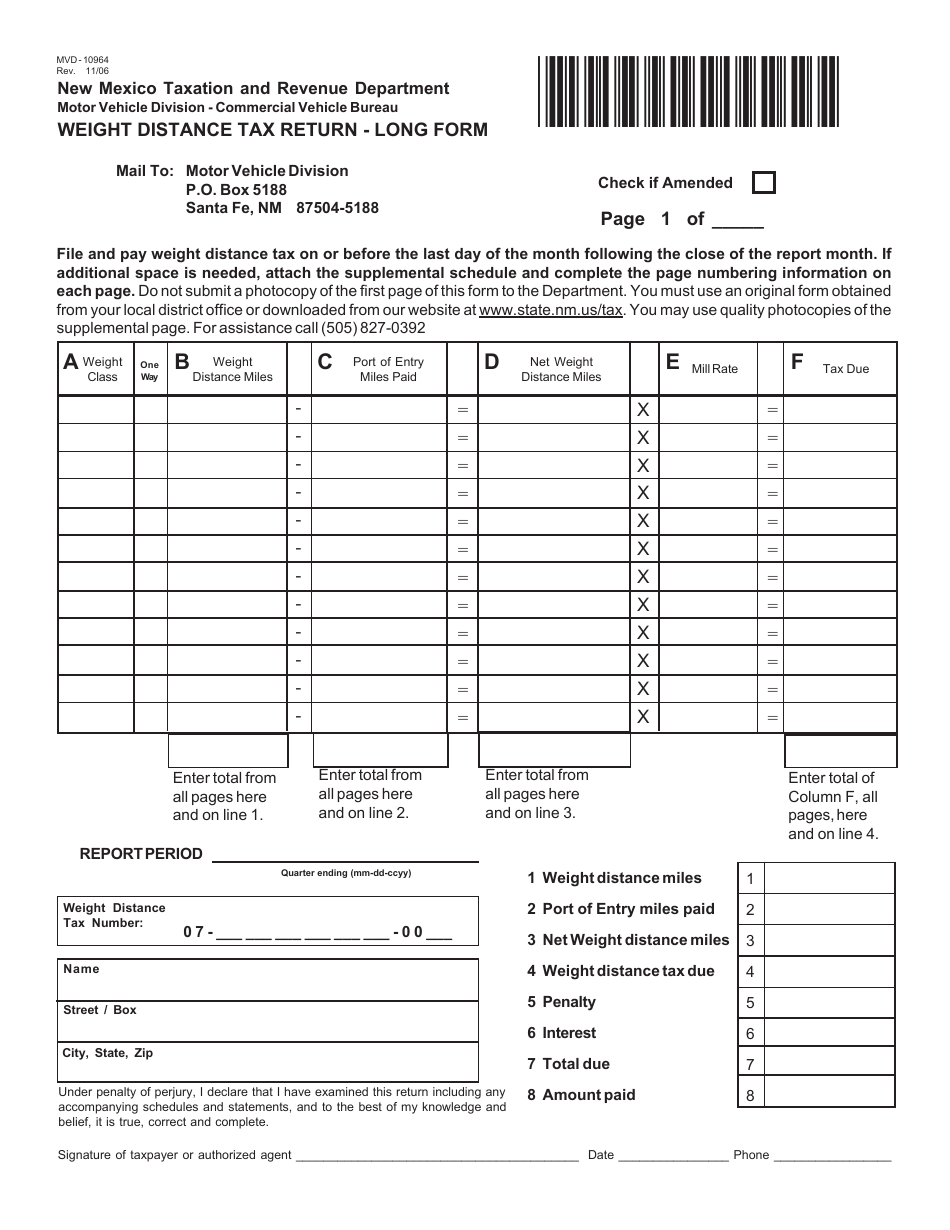 Form MVD-10964 Weight Distance Tax Return Long Form - New Mexico, Page 1