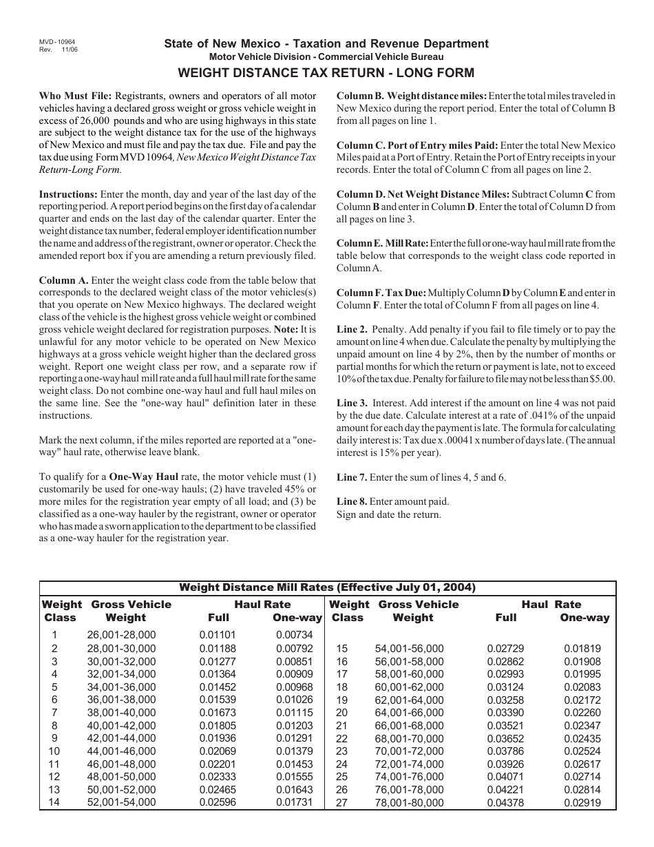 Form MVD-10964 Weight Distance Tax Return Long Form - New Mexico, Page 3