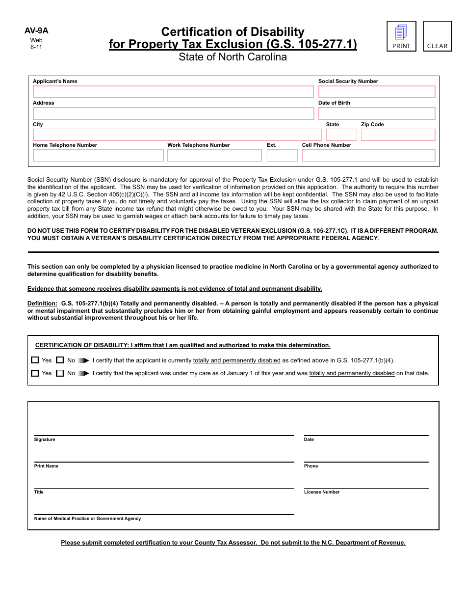 Form AV-9A Certification of Disability for Property Tax Exclusion - North Carolina, Page 1