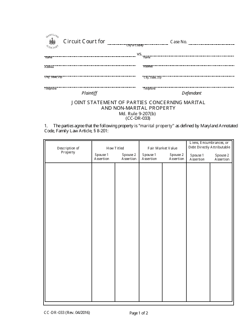Form CC-DR-033  Printable Pdf