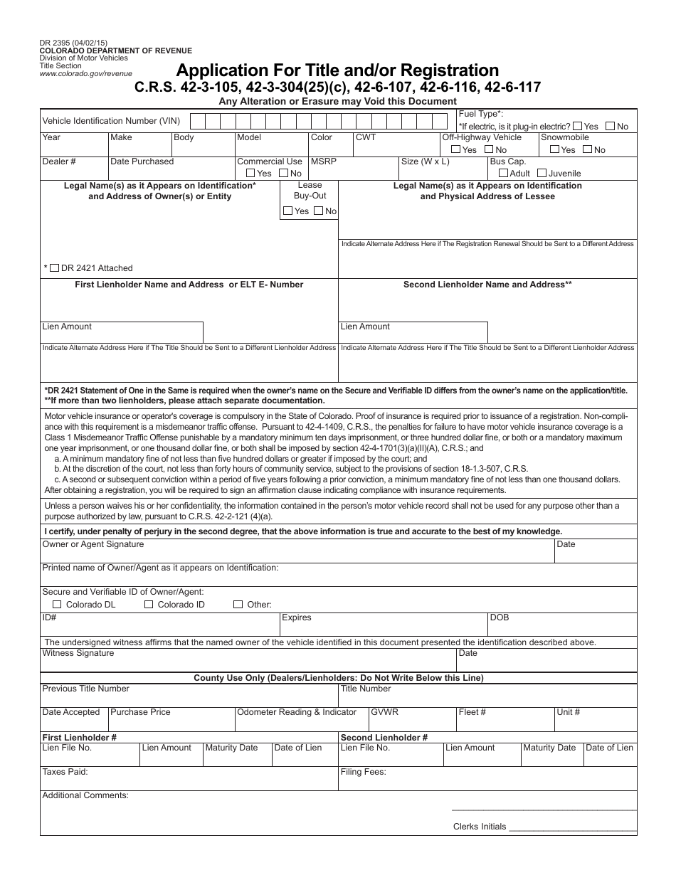 Form DR2395 Application for Title and / or Registration - Colorado, Page 1