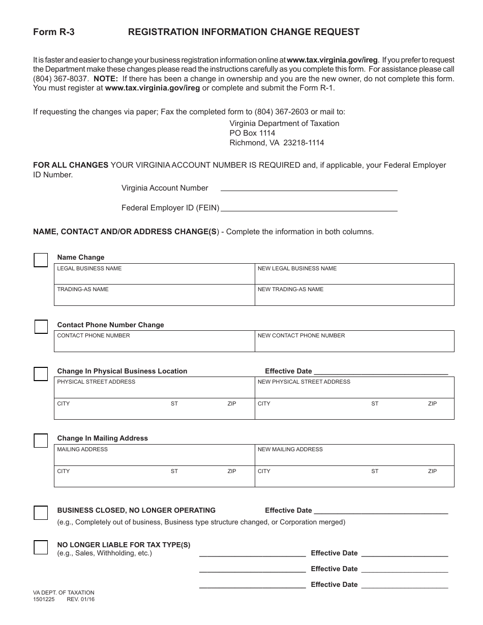 Form R-3 Registration Information Change Request - Virginia, Page 1