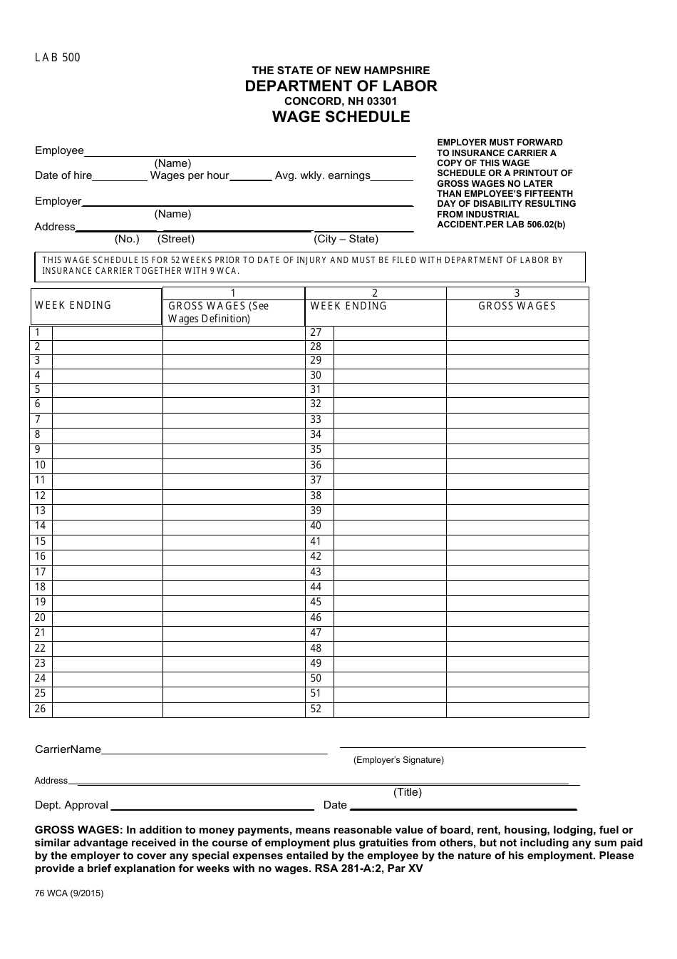 Form 76 WCA Wage Schedule - New Hampshire, Page 1