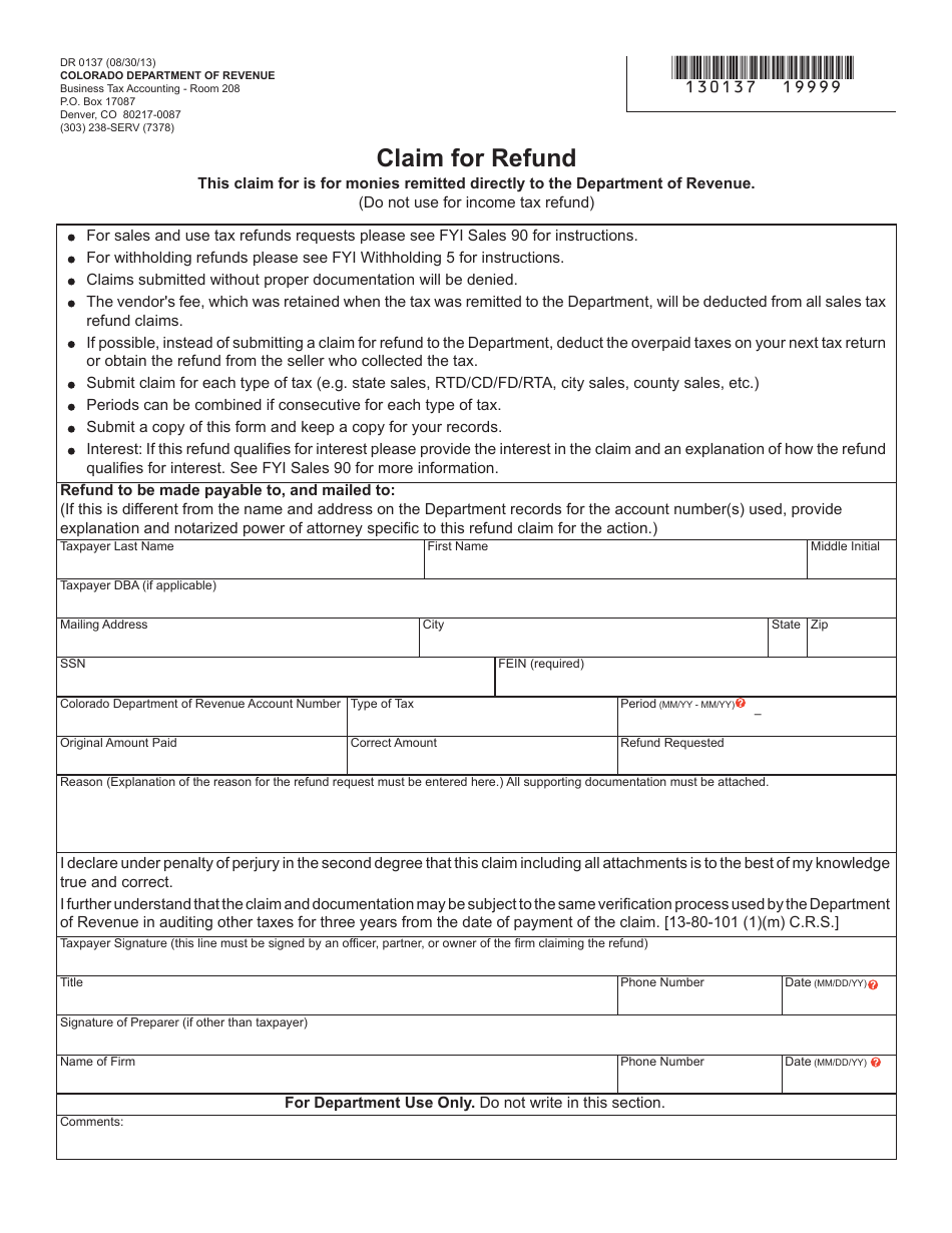 Form DR0137 Claim for Refund - Colorado, Page 1