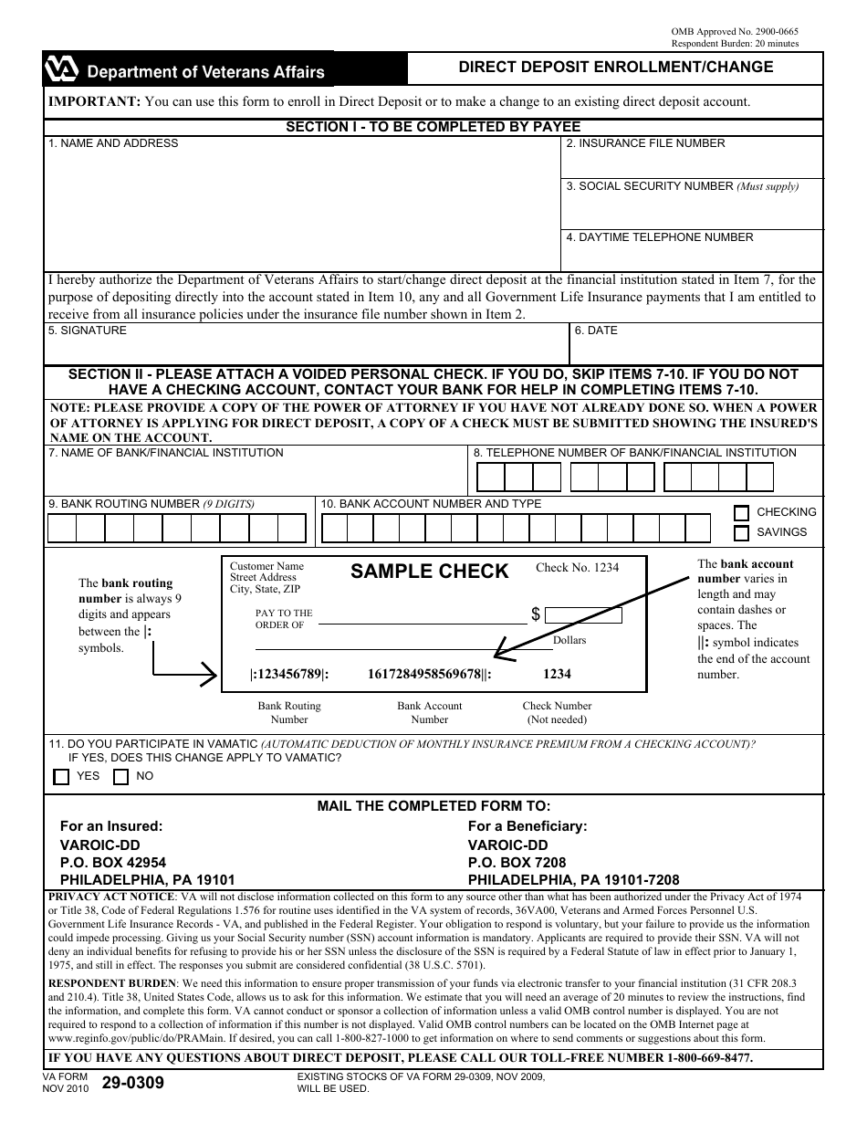 VA Form 29-0309 Direct Deposit Enrollment / Change, Page 1