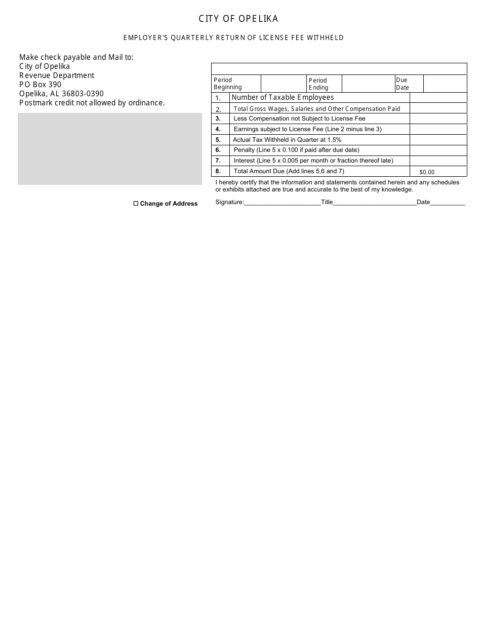 Employers Quarterly Return of License Fee Withheld - City of Opelika, Alabama, Page 1