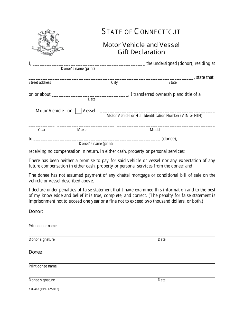 Form AU-463 Motor Vehicle and Vessel Gift Declaration - Connecticut, Page 1