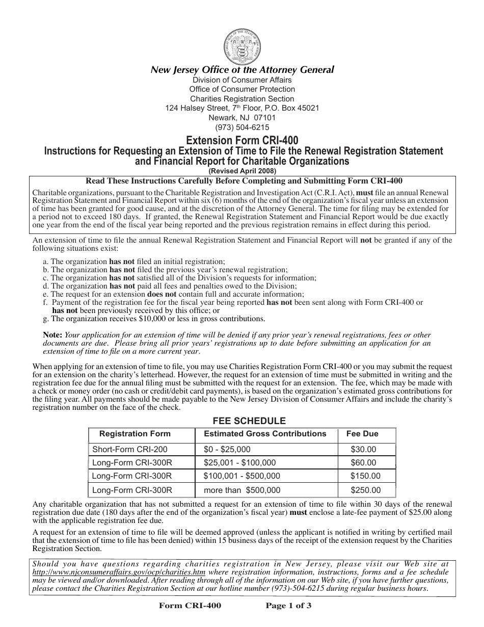 Form CRI-400 Application for an Extension of Time to File the Annual Renewal Registration Statement and Financial Report for a Charitable Organization - New Jersey, Page 1
