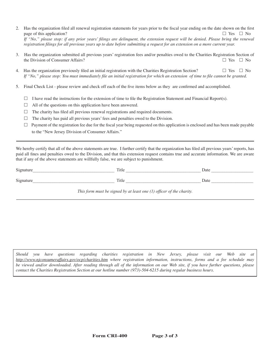 Form CRI-400 Application for an Extension of Time to File the Annual Renewal Registration Statement and Financial Report for a Charitable Organization - New Jersey, Page 3