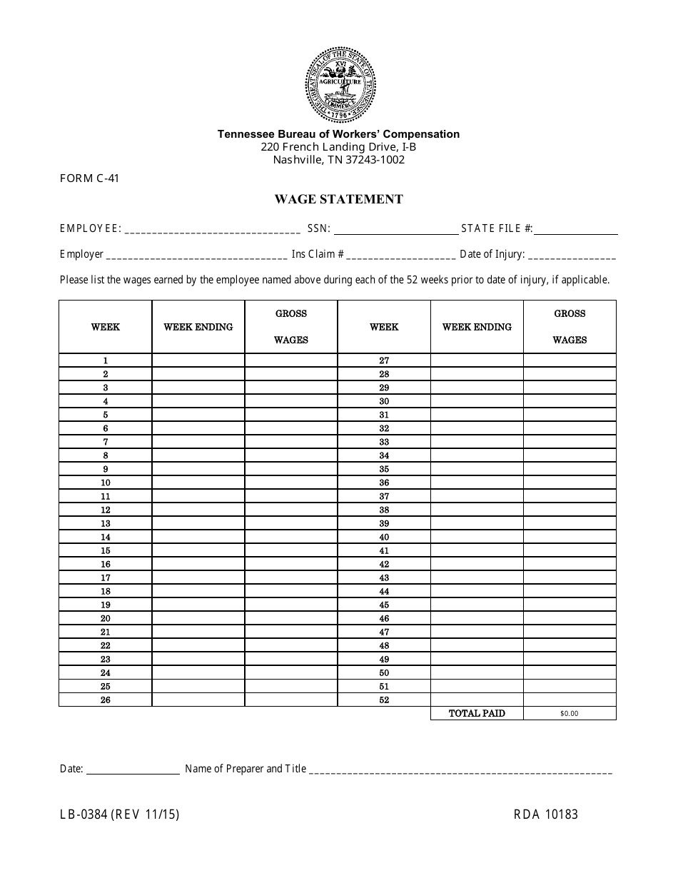 Form LB-0384 (C-41) Wage Statement - Tennessee, Page 1
