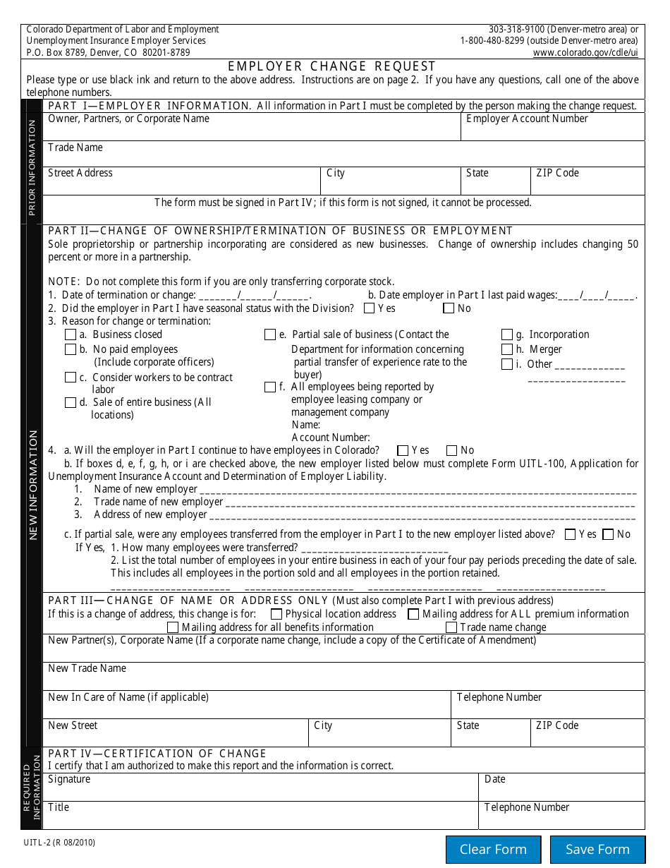 Form UITL-2 Employer Change Request - Colorado, Page 1