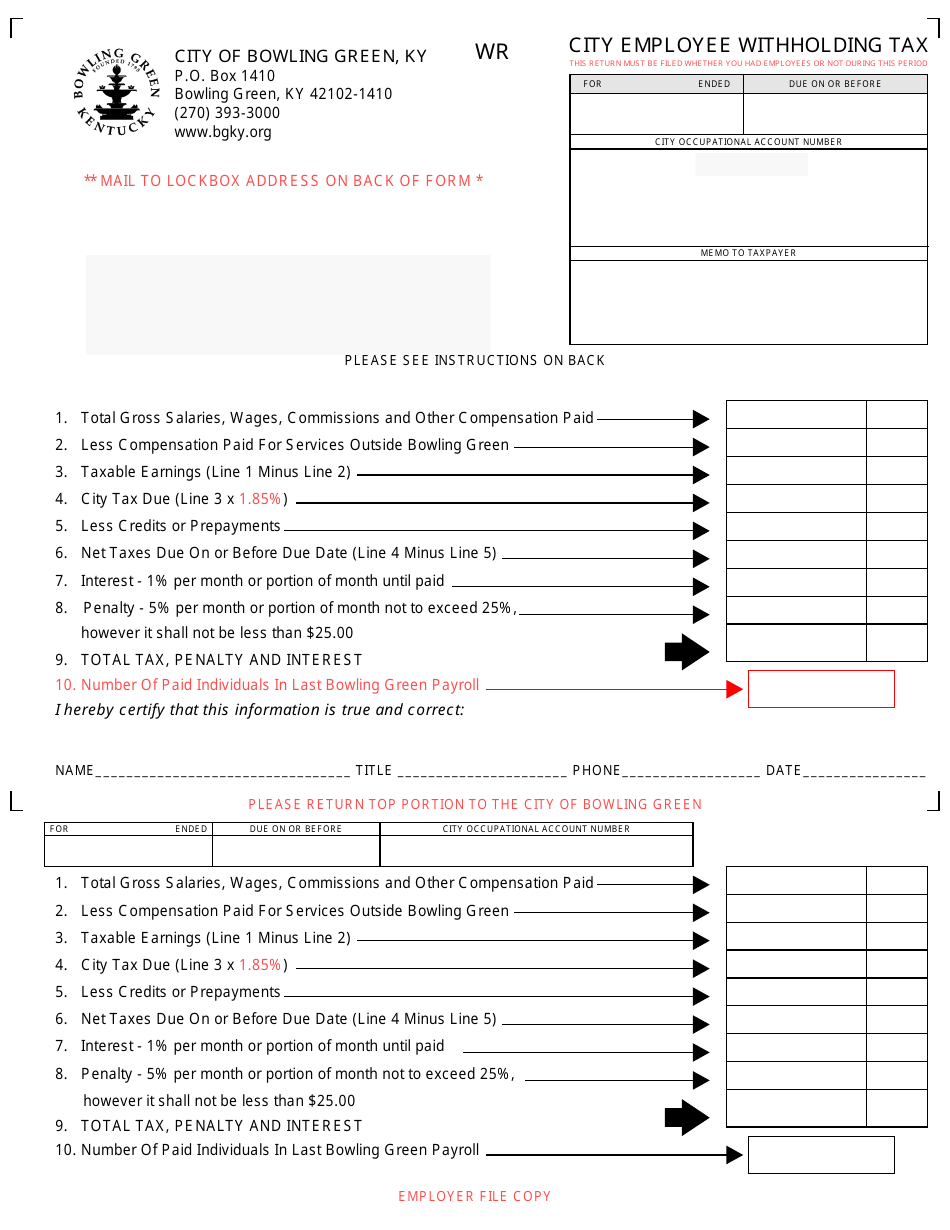 Form WR City Employee Withholding Tax - City of Bowling Green, Kentucky, Page 1