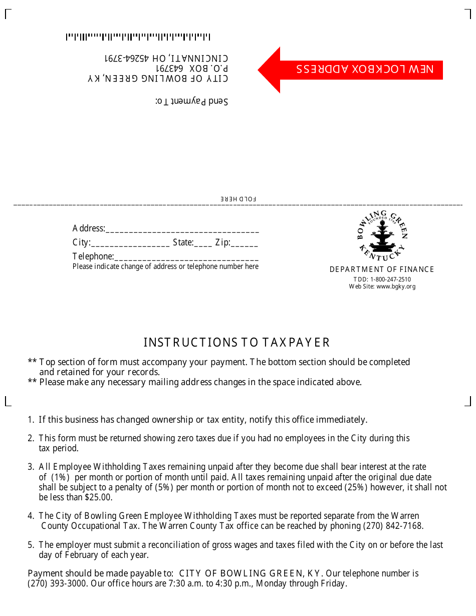 Form WR City Employee Withholding Tax - City of Bowling Green, Kentucky, Page 2