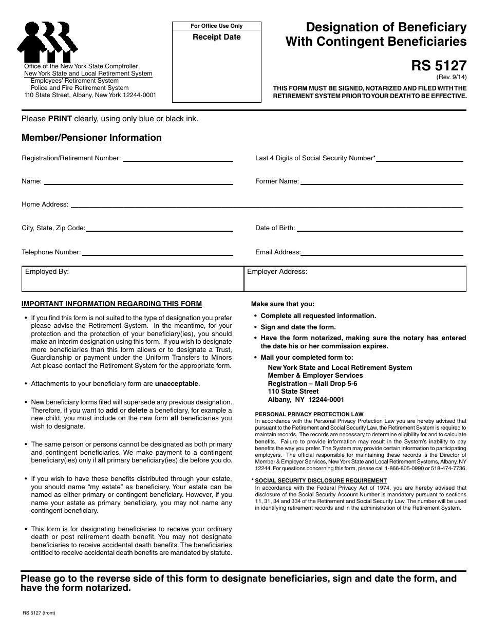 Form RS5127 Designation of Beneficiary With Contingent Beneficiaries - New York, Page 1