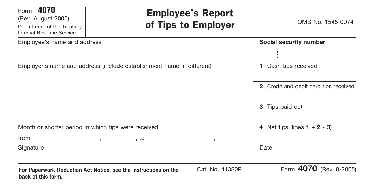 IRS Form 4070 Employee's Report of Tips to Employer