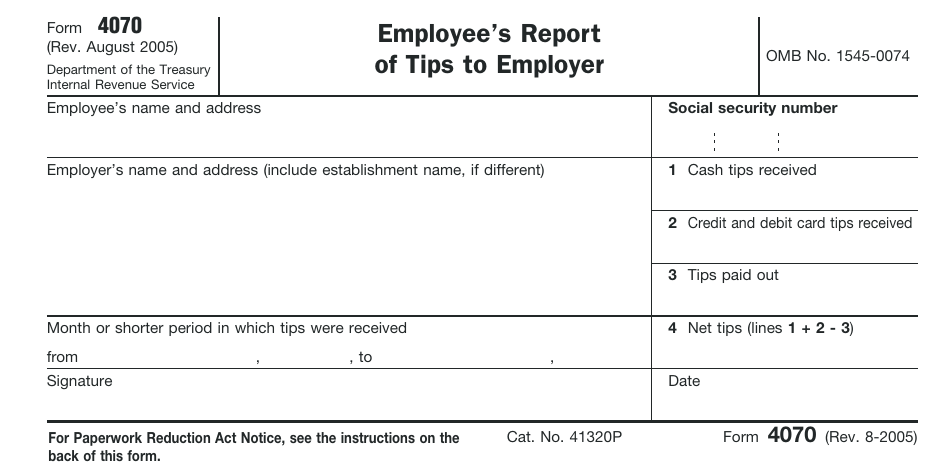 IRS Form 4070 Employees Report of Tips to Employer, Page 1