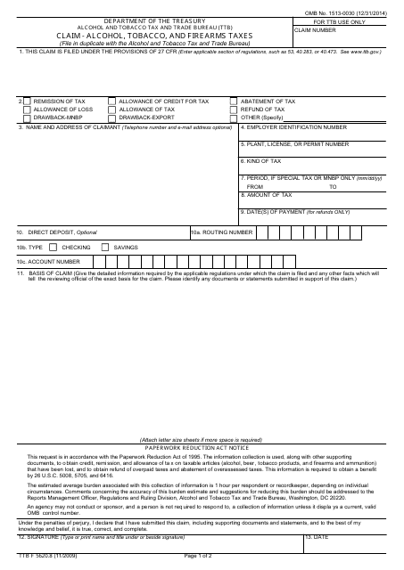 TTB Form 5620.8 Claim - Alcohol, Tobacco, and Firearms Taxes