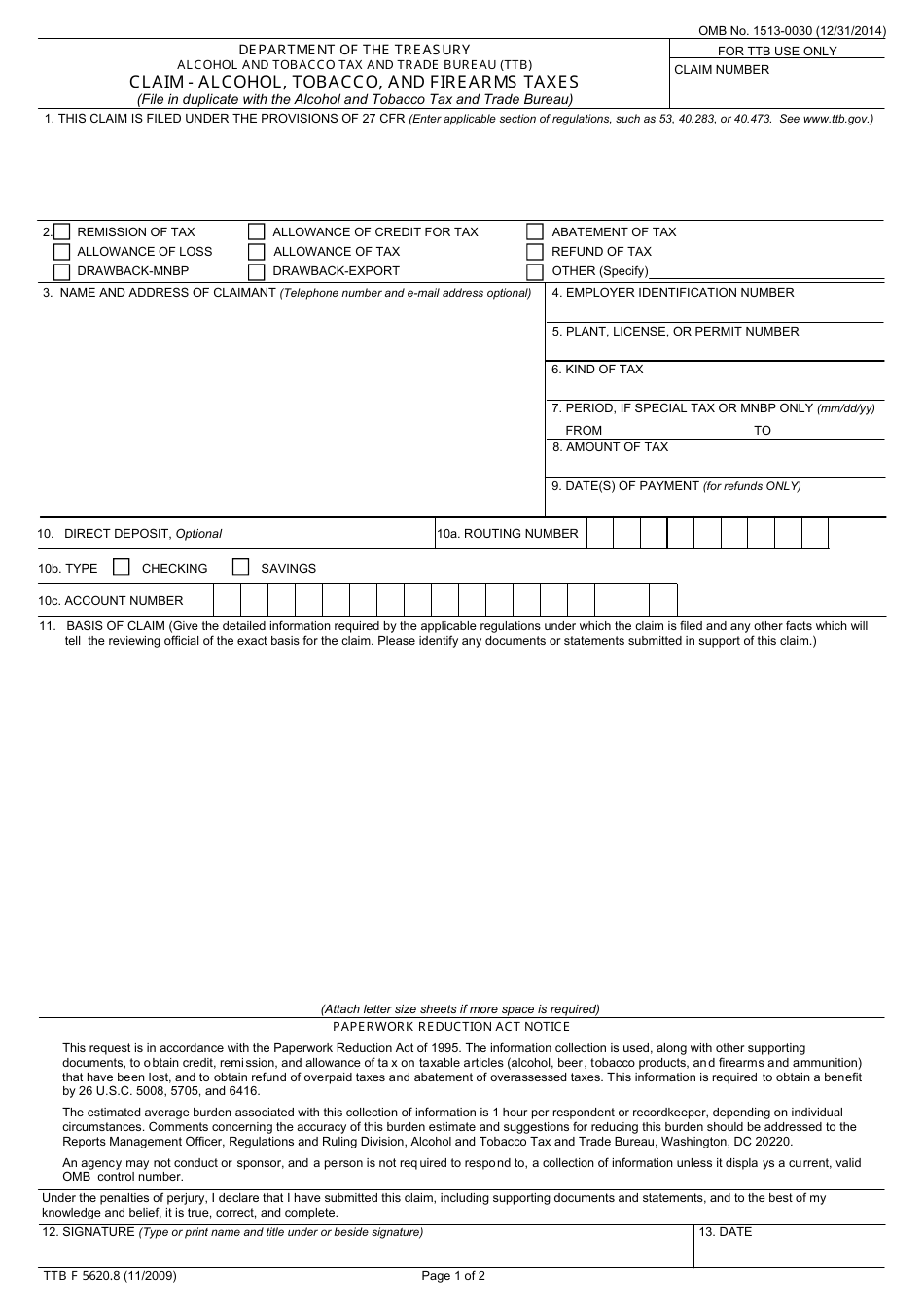 TTB Form 5620.8 Claim - Alcohol, Tobacco, and Firearms Taxes, Page 1