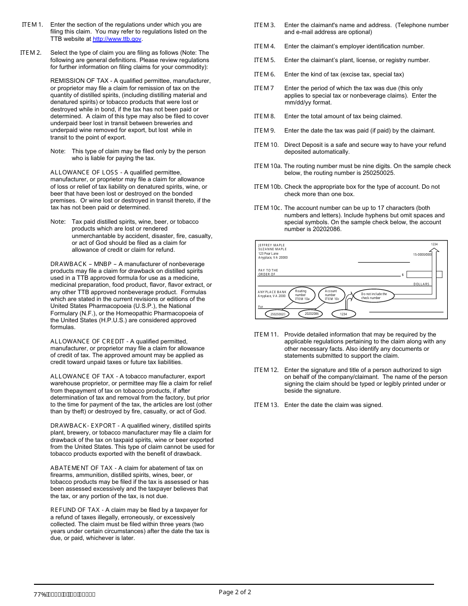 TTB Form 5620.8 Claim - Alcohol, Tobacco, and Firearms Taxes, Page 2
