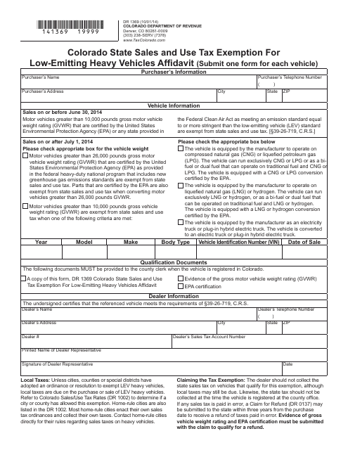 Form DR1369 Colorado State Sales and Use Tax Exemption for Low-Emitting Heavy Vehicles Affidavit - Colorado