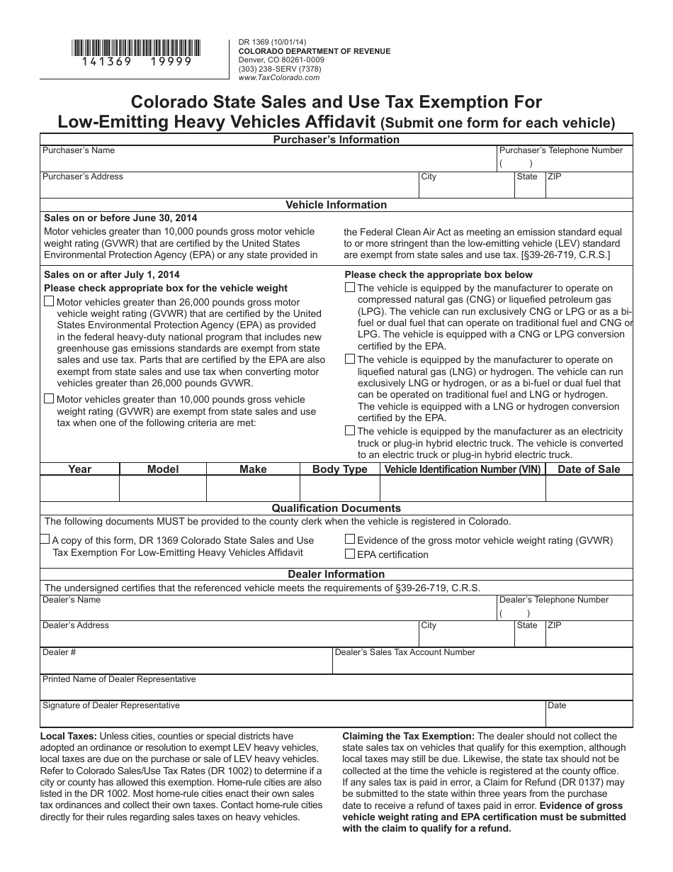 Form DR1369 Colorado State Sales and Use Tax Exemption for Low-Emitting Heavy Vehicles Affidavit - Colorado, Page 1