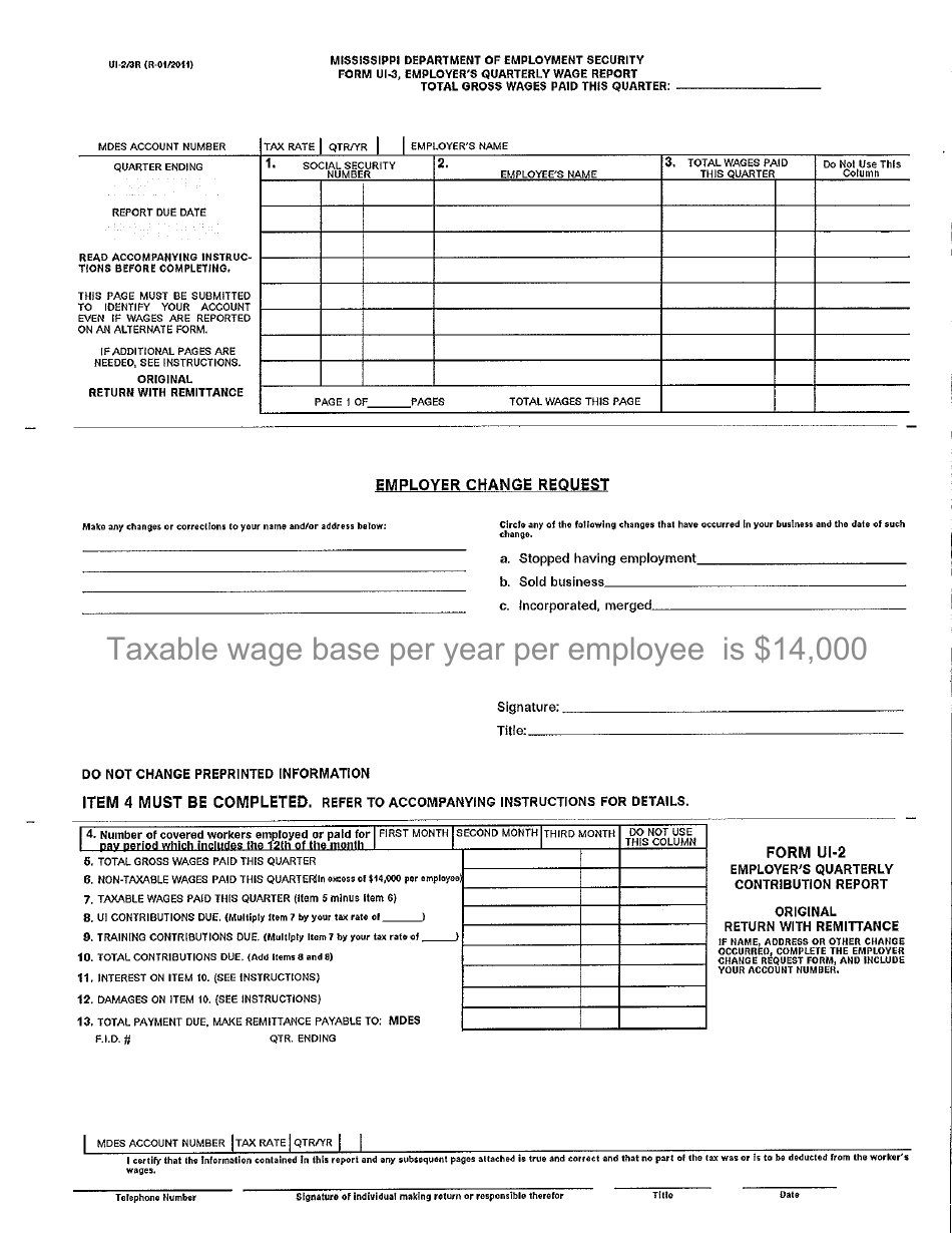 Form UI-2/3R Employer's Quarterly Wage  Contribution Reports - Mississippi, Page 1