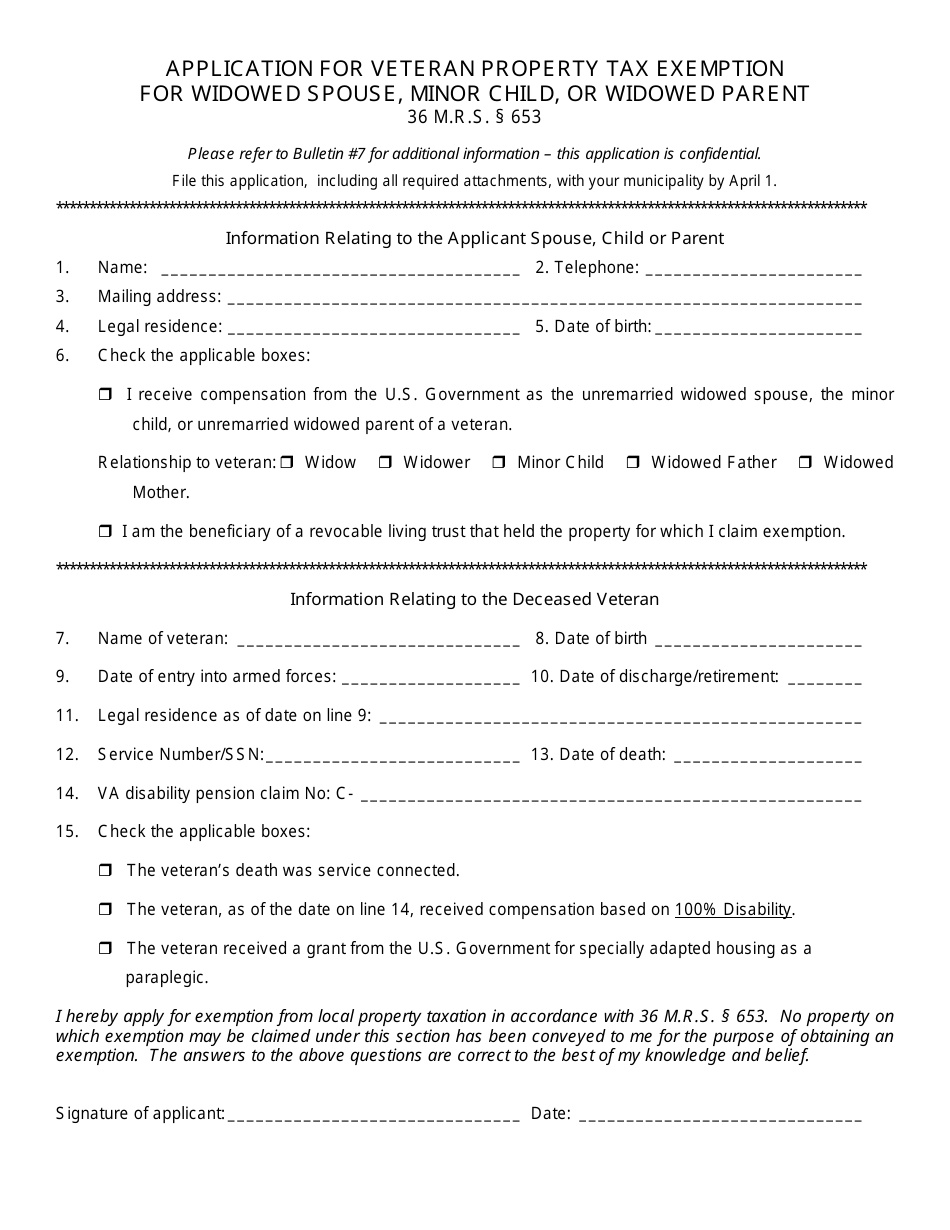 Form PTF-307 Application for Veteran Property Tax Exemption for Widowed Spouse, Minor Child, or Widowed Parent - Maine, Page 1