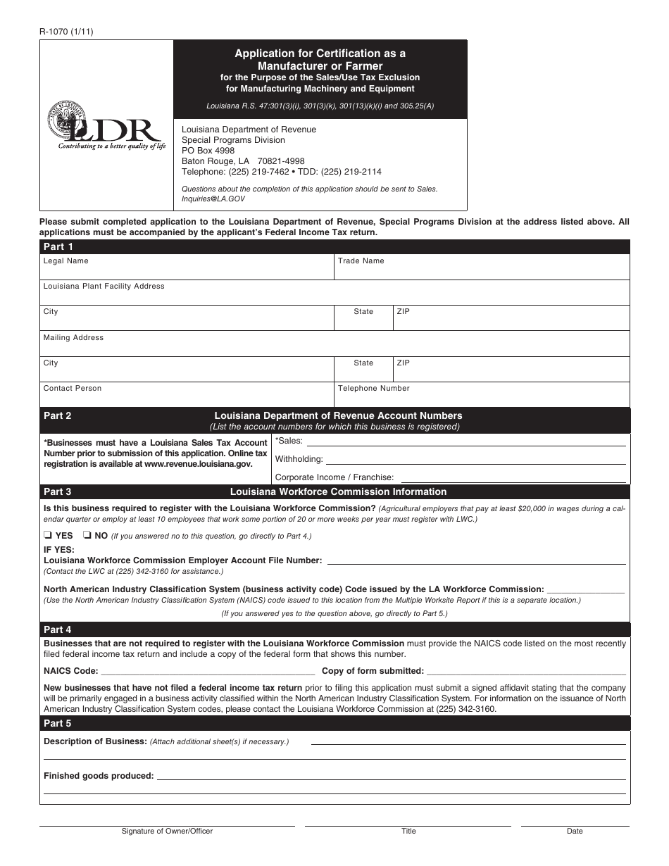 Form R-1070 Application for Certification as a Manufacturer or Farmer - Louisiana, Page 1