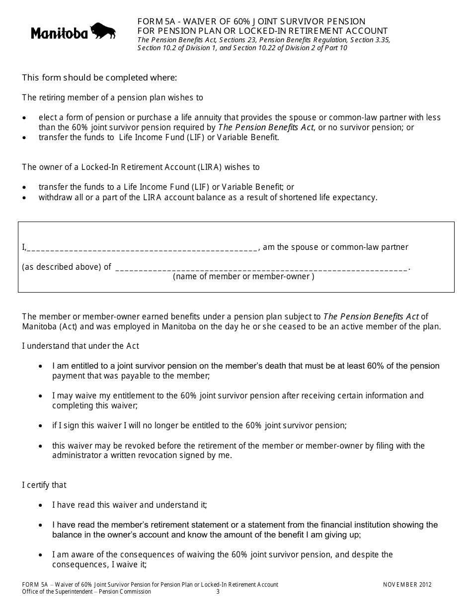 Form 5A Waiver of 60% Joint Survivor Pension for Pension Plan or Locked-In Retirement Account - Manitoba, Canada, Page 3