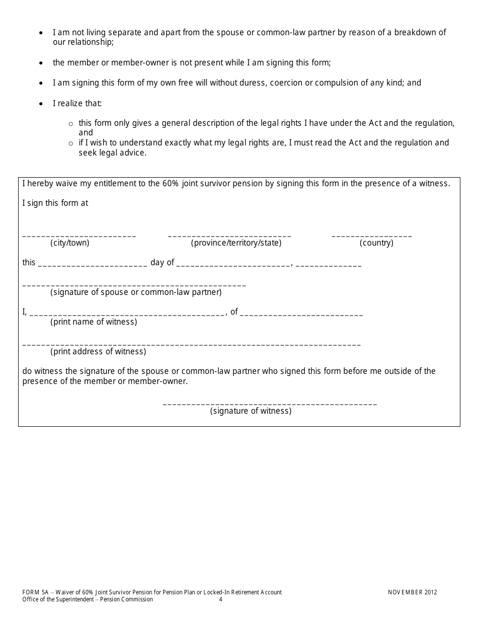 Form 5A Waiver of 60% Joint Survivor Pension for Pension Plan or Locked-In Retirement Account - Manitoba, Canada, Page 4