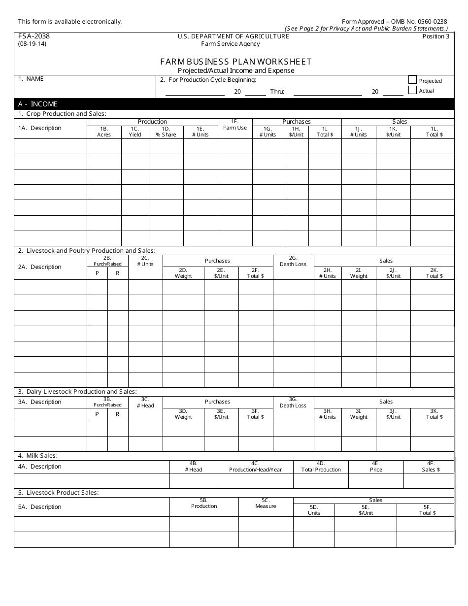 Form FSA-2038 Farm Business Plan Worksheet, Page 1