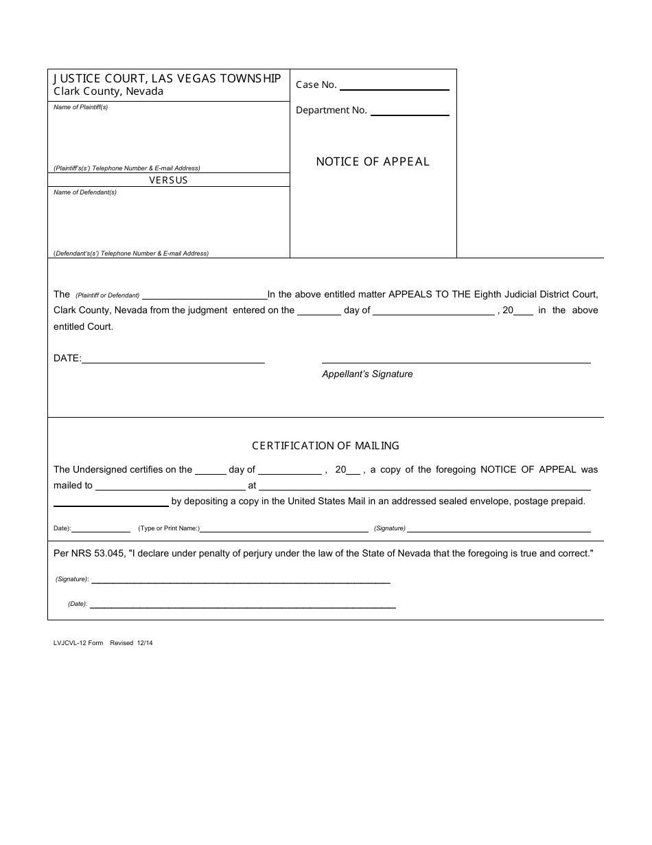 Form LVJCVL-12 Justice Court - Notice of Appeal - Nevada, Page 1
