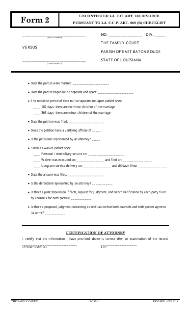 Form 2 Uncontested La. C.c. Art. 103 Divorce Pursuant to La. C.c.p. Art. 969 (B) Checklist - Louisiana