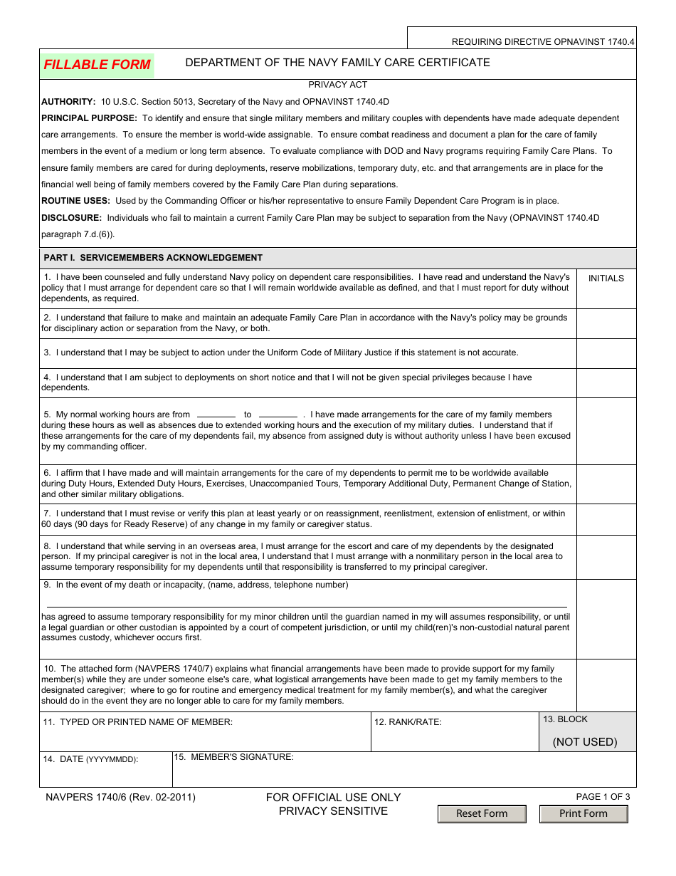 NAVPERS Form 1740 / 6 Family Care Certificate, Page 1