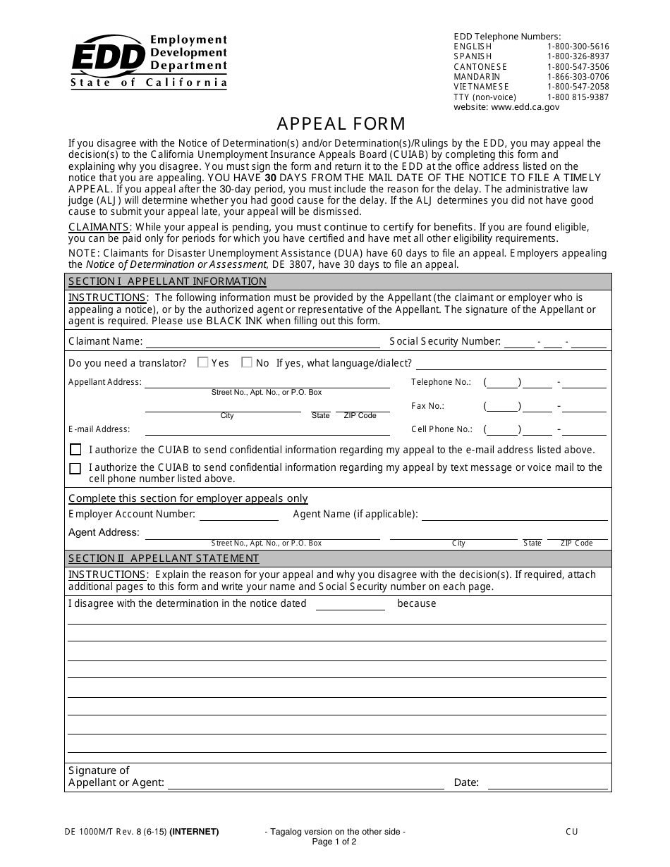 Form DE1000M/T Appeal Form - California, Page 1