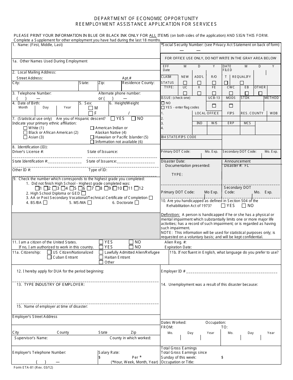 Form ETA-81 Reemployment Assistance Application for Services - Florida, Page 1