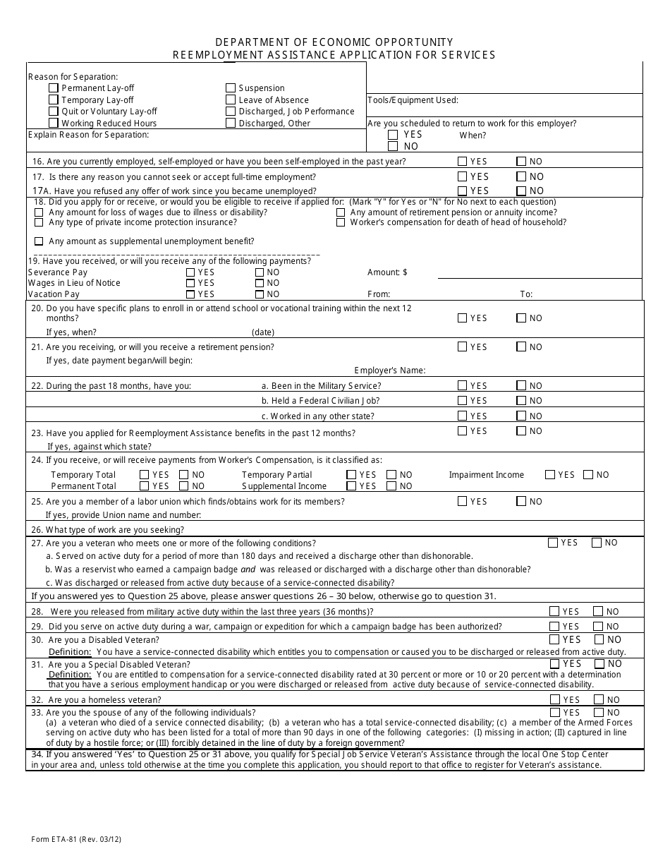 Form ETA-81 Reemployment Assistance Application for Services - Florida, Page 2