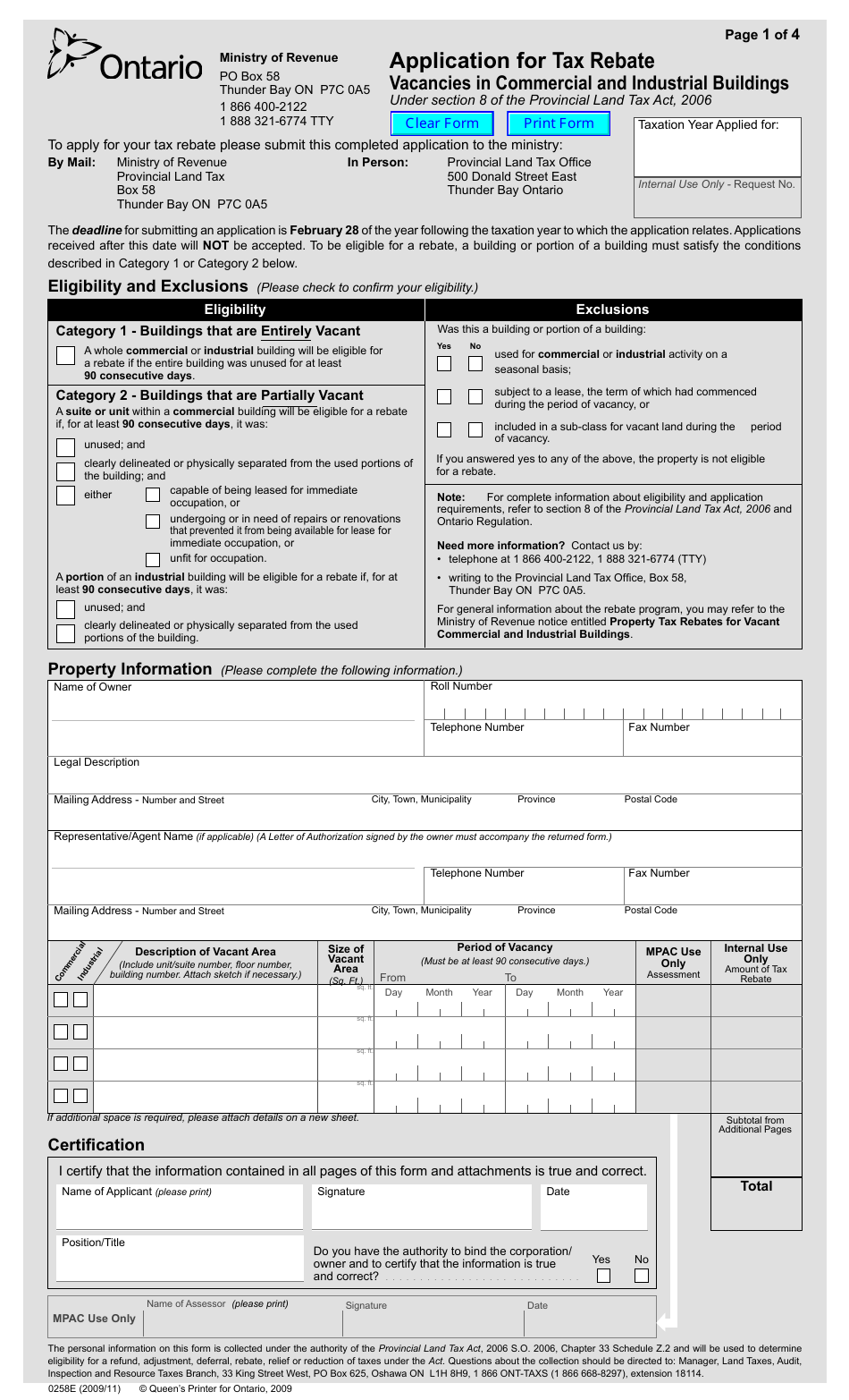 Application for Tax Rebate Vacancies in Commercial and Industrial Buildings Under Section 8 of the Provincial Land Tax Act, 2006 - Ontario, Canada, Page 2